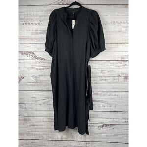 Ann Taylor Dress Women's Medium Black Puff Sleeve Maxi V Neck Pockets Belted